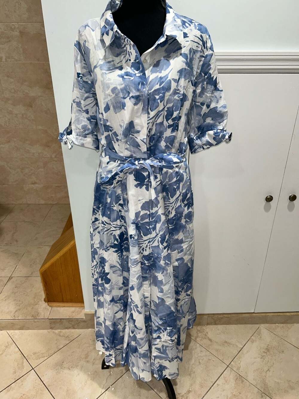 Calvin Klein Blue and White Floral Print Midi Shirt Dress Size 14